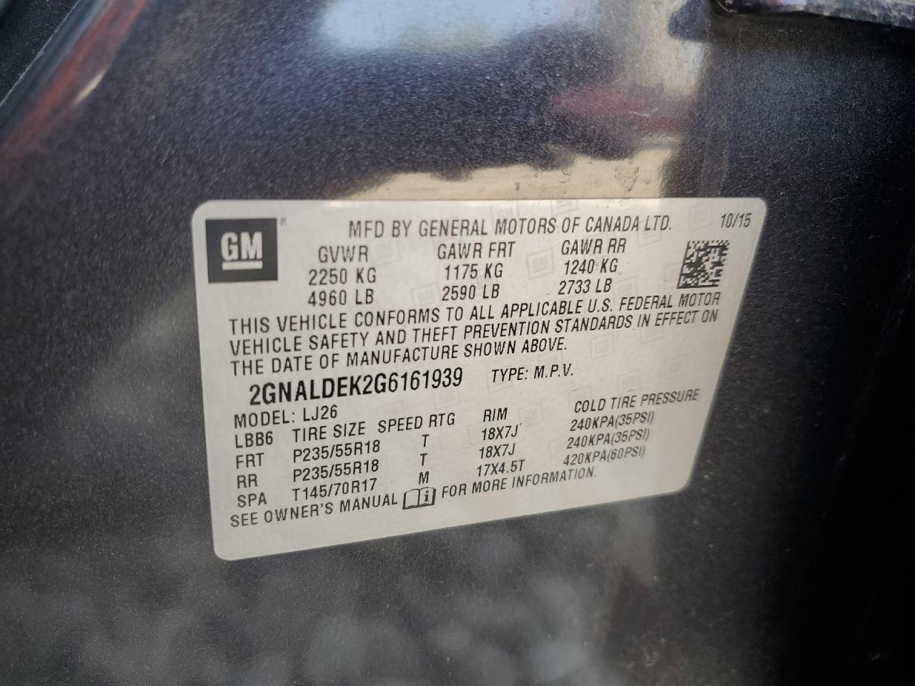 2016 Chevrolet Equinox Ltz VIN: 2GNALDEK2G6161939 Lot: 71509945