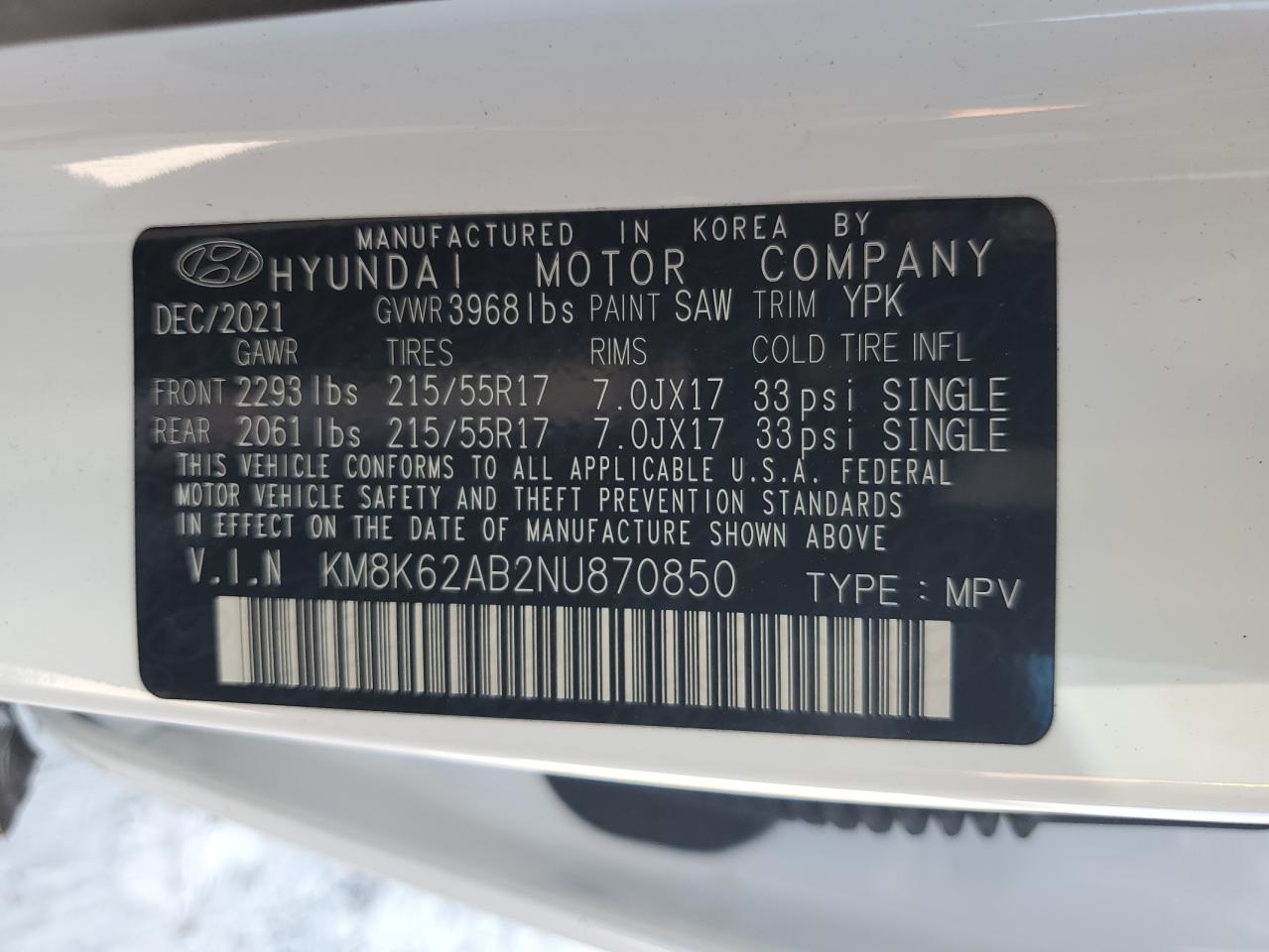 2022 Hyundai Kona Sel VIN: KM8K62AB2NU870850 Lot: 71906515