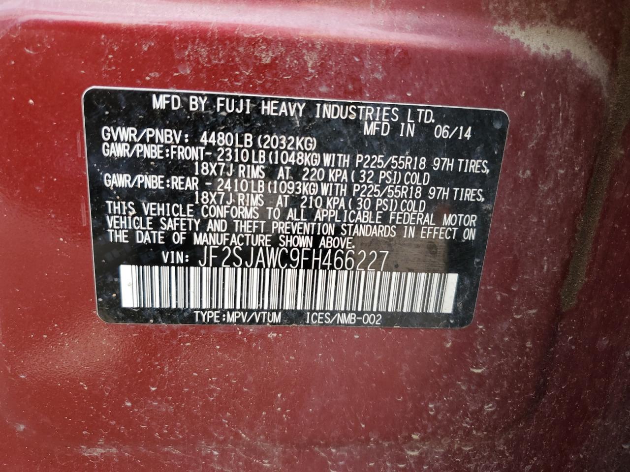 2015 Subaru Forester 2.5I Touring VIN: JF2SJAWC9FH466227 Lot: 80684355