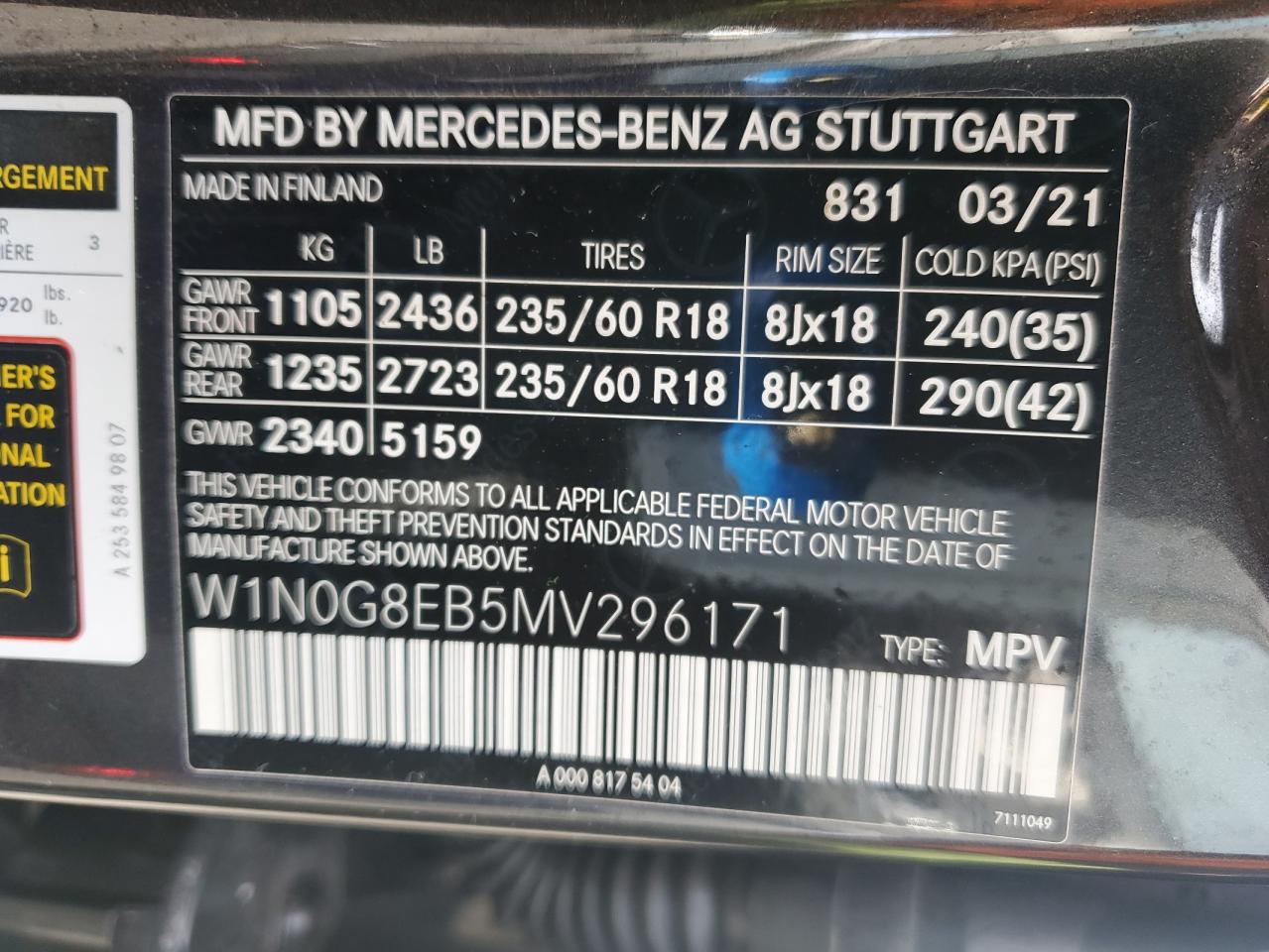 2021 Mercedes-Benz Glc 300 4Matic VIN: W1N0G8EB5MV296171 Lot: 84058655