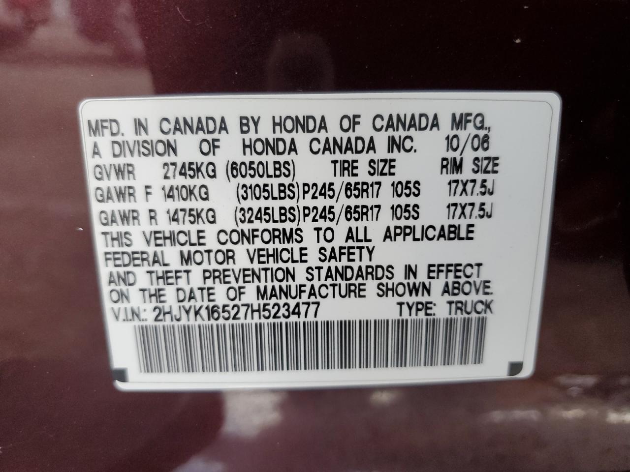 2007 Honda Ridgeline Rtl VIN: 2HJYK16527H523477 Lot: 80472615