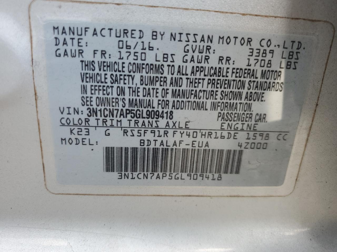 2016 Nissan Versa S VIN: 3N1CN7AP5GL909418 Lot: 81621395