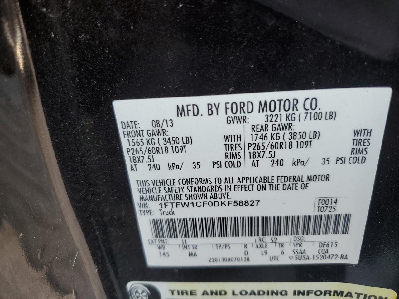 2013 Ford F150 Supercrew VIN: 1FTFW1CF0DKF58827 Lot: 80386795