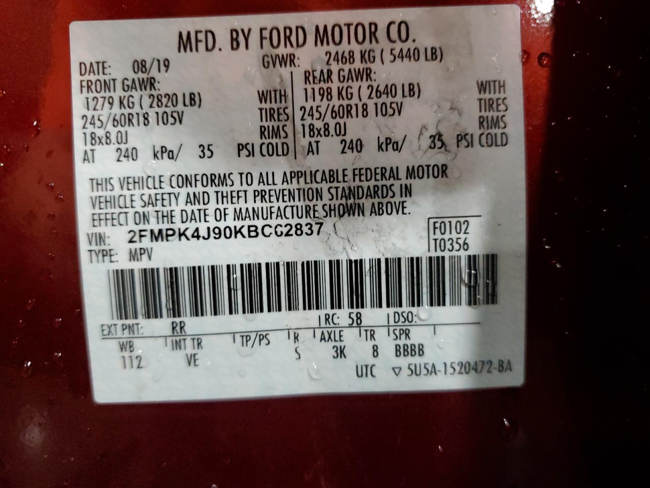 2019 Ford Edge Sel VIN: 2FMPK4J90KBC62837 Lot: 80754685