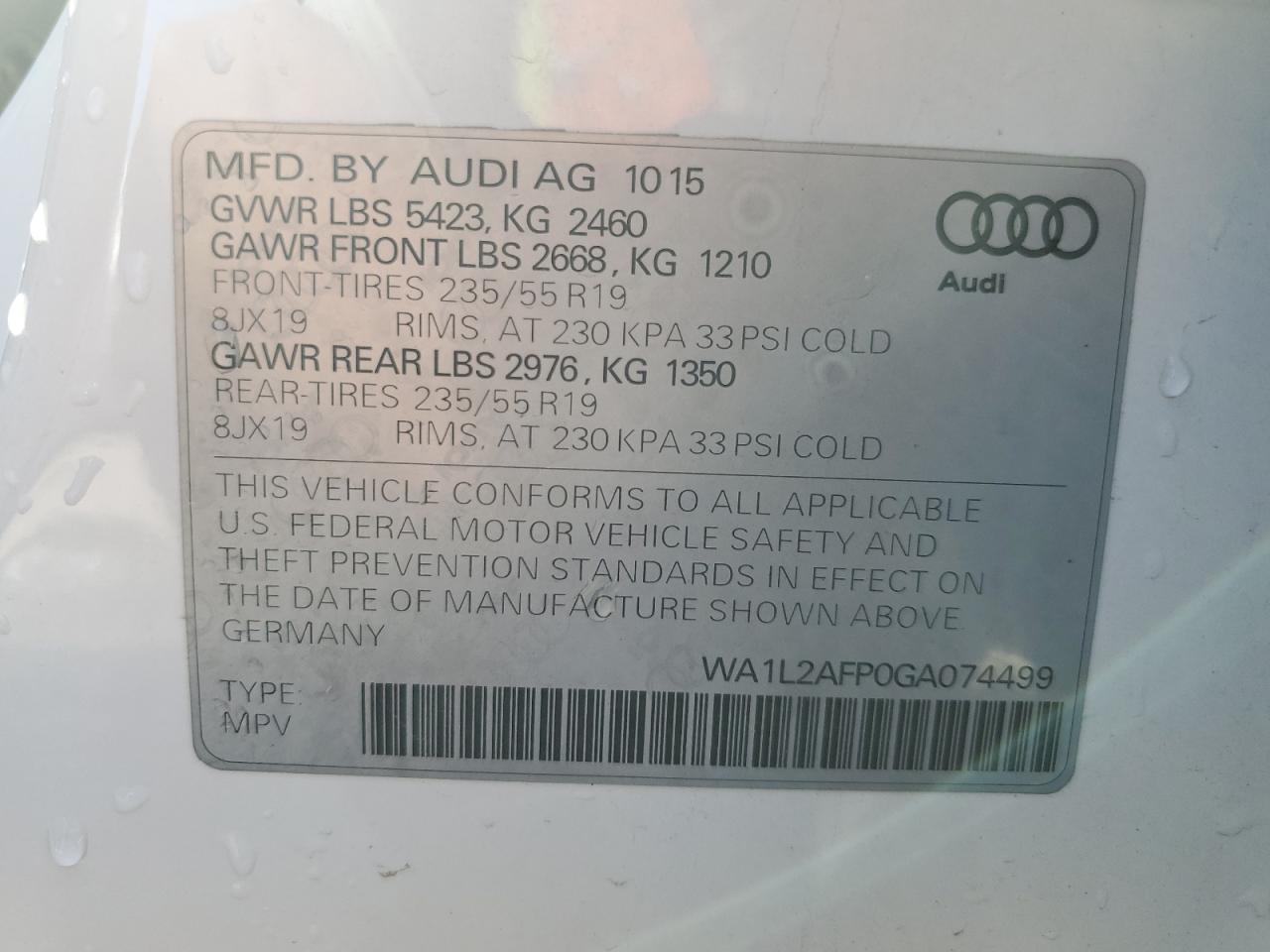 2016 Audi Q5 Premium Plus VIN: WA1L2AFP0GA074499 Lot: 80804105