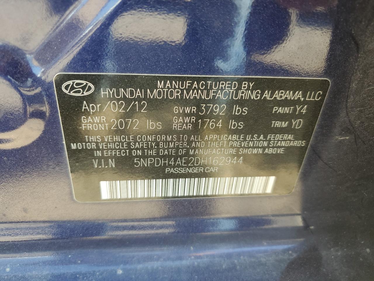 2013 Hyundai Elantra Gls VIN: 5NPDH4AE2DH162944 Lot: 83954575