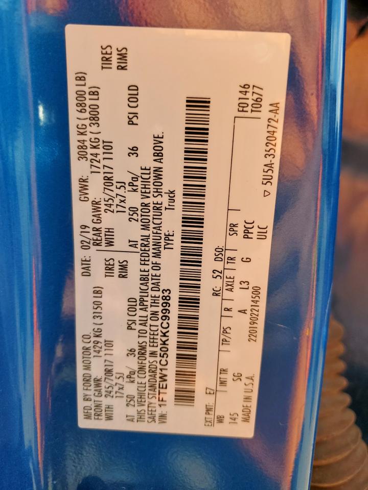 2019 Ford F150 Supercrew VIN: 1FTEW1C50KKC99983 Lot: 84048775