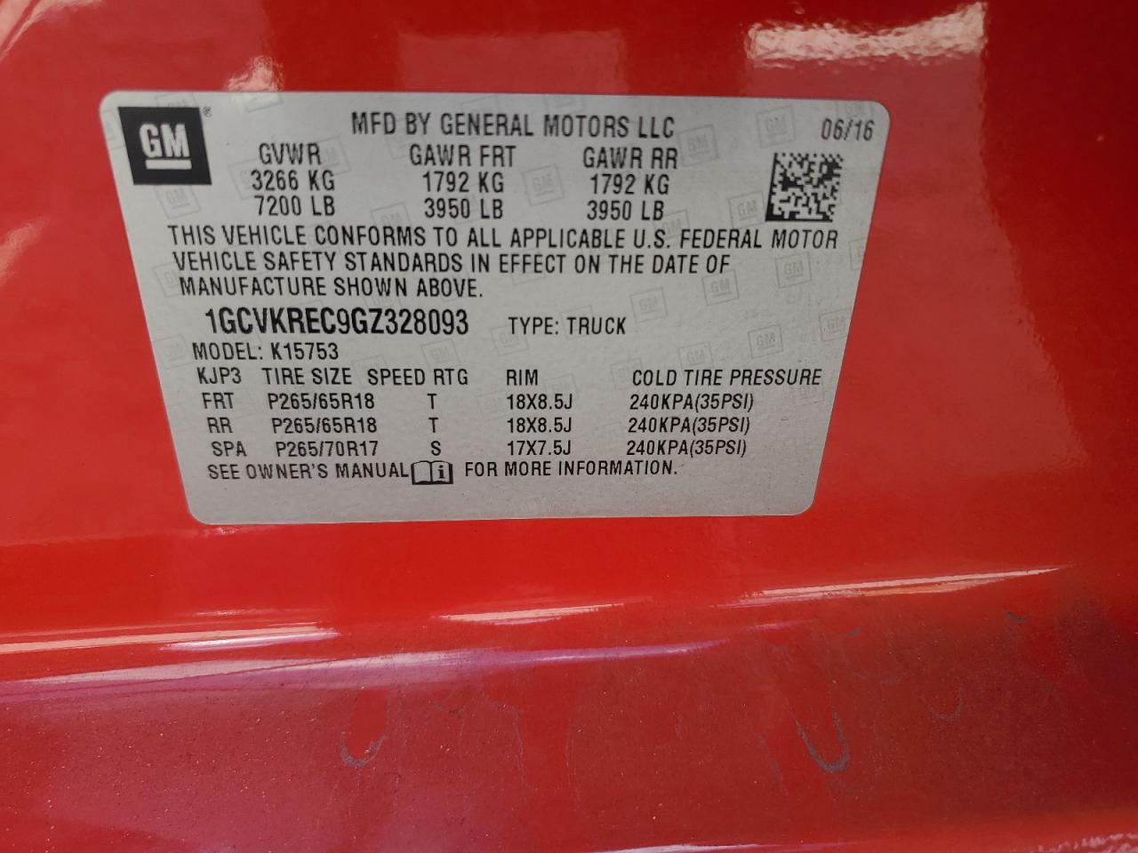 2016 Chevrolet Silverado K1500 Lt VIN: 1GCVKREC9GZ328093 Lot: 80253735
