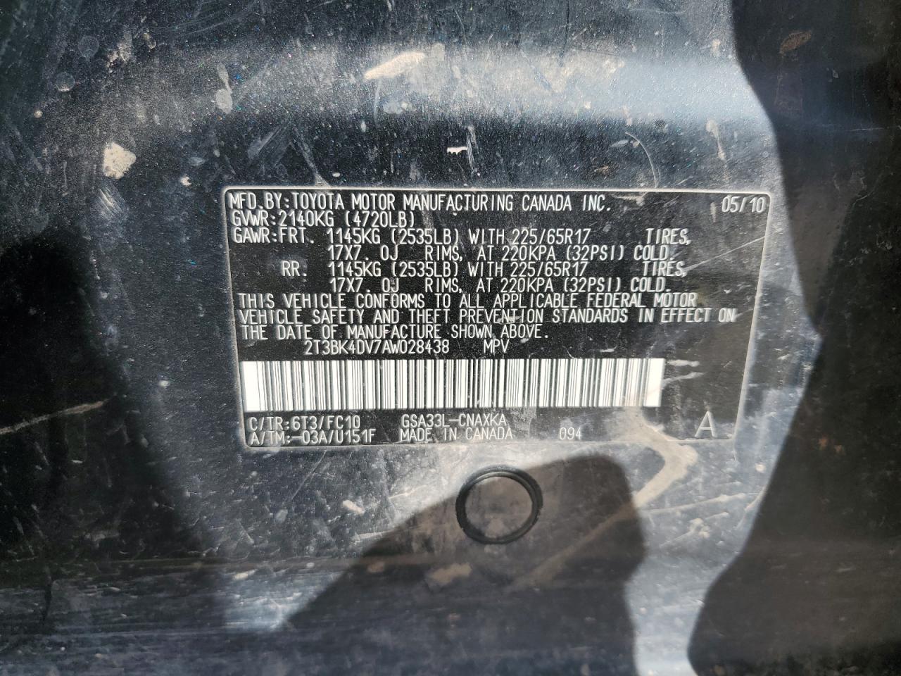 2010 Toyota Rav4 VIN: 2T3BK4DV7AW028438 Lot: 80518165