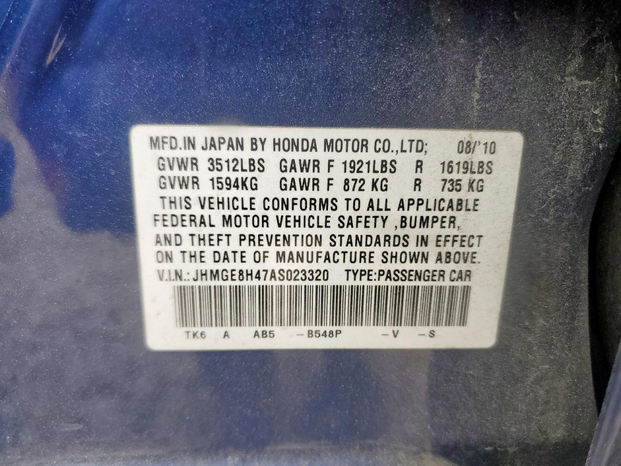 2010 Honda Fit Sport VIN: JHMGE8H47AS023320 Lot: 81752235