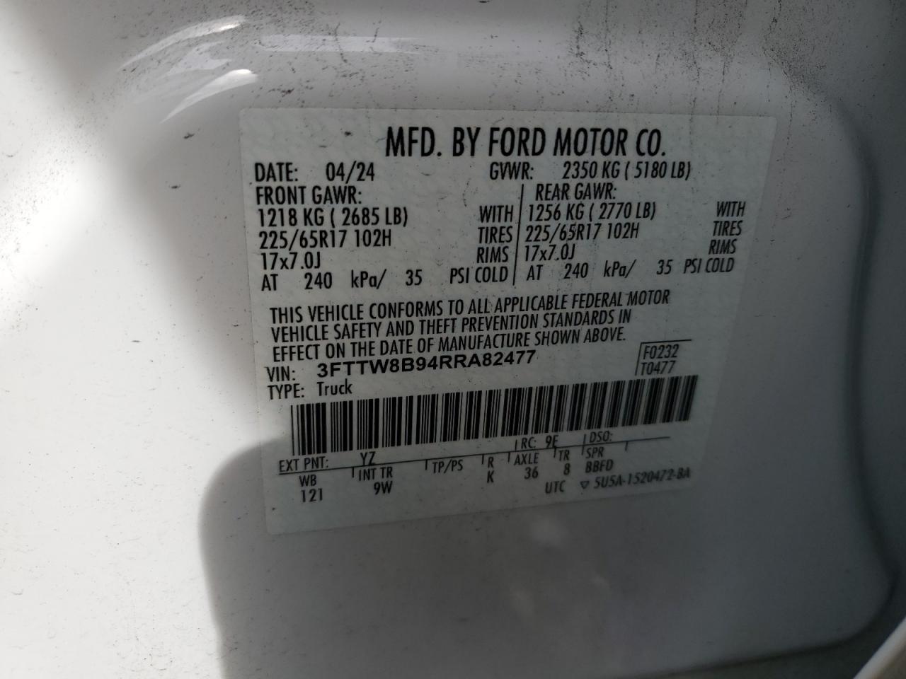 2024 Ford Maverick Xl VIN: 3FTTW8B94RRA82477 Lot: 84606795