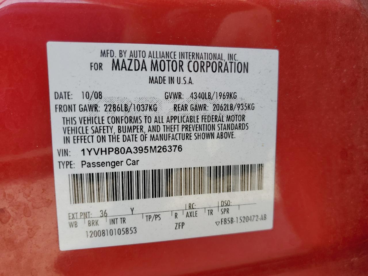 2009 Mazda 6 I VIN: 1YVHP80A395M26376 Lot: 83776925