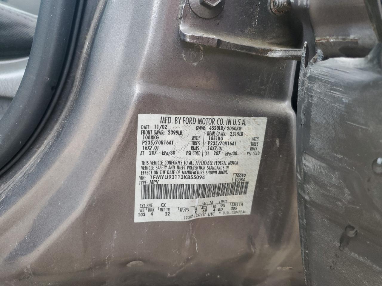 2003 Ford Escape Xlt VIN: 1FMYU93113KB55094 Lot: 94437515