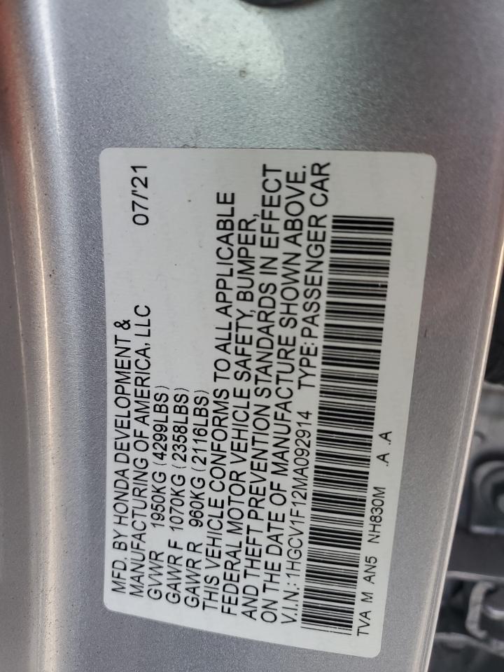 2021 Honda Accord Lx VIN: 1HGCV1F12MA092914 Lot: 71879195