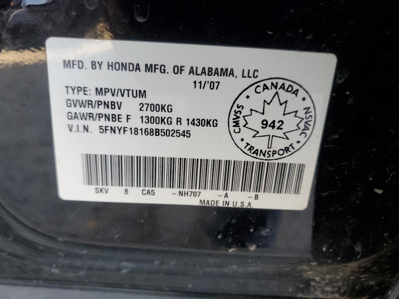 2008 Honda Pilot Lx VIN: 5FNYF18168B502545 Lot: 80858805