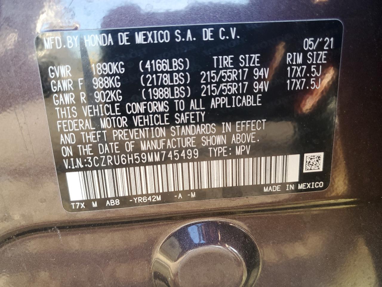 2021 Honda Hr-V Ex VIN: 3CZRU6H59MM745499 Lot: 82124285