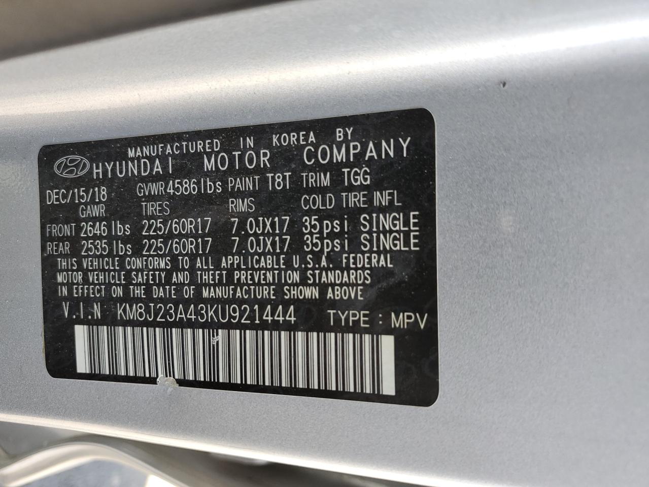 2019 Hyundai Tucson Se VIN: KM8J23A43KU921444 Lot: 80870475