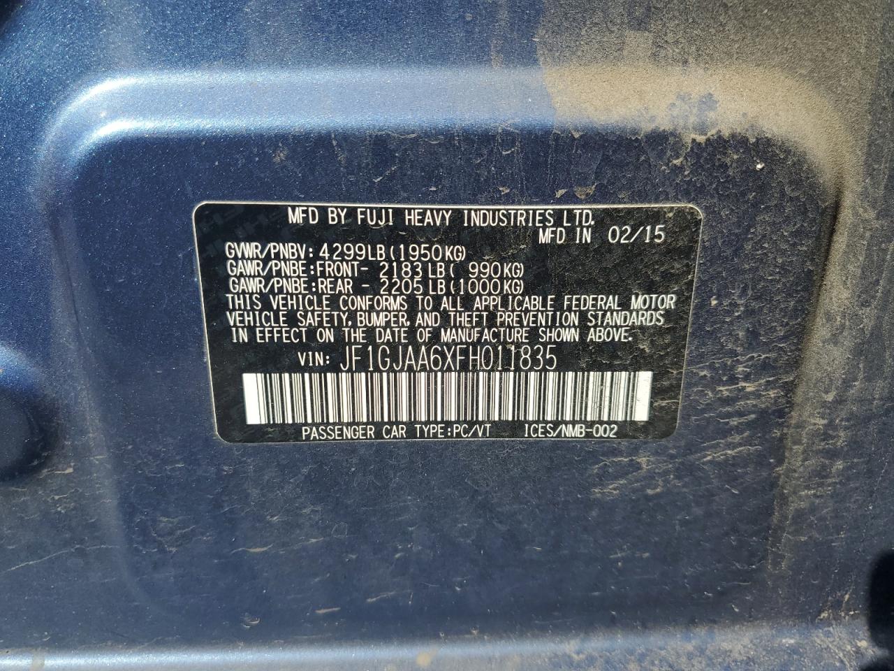 2015 Subaru Impreza VIN: JF1GJAA6XFH011835 Lot: 71836465