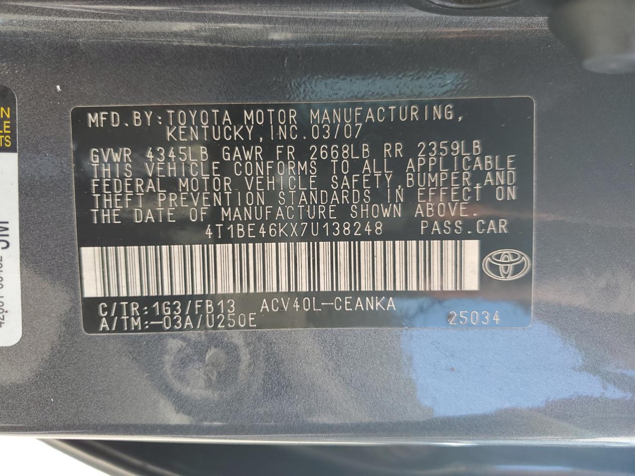 2007 Toyota Camry Ce VIN: 4T1BE46KX7U138248 Lot: 80949895