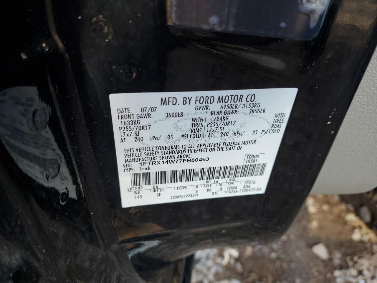 2007 Ford F150 VIN: 1FTRX14W77FB80463 Lot: 83971755