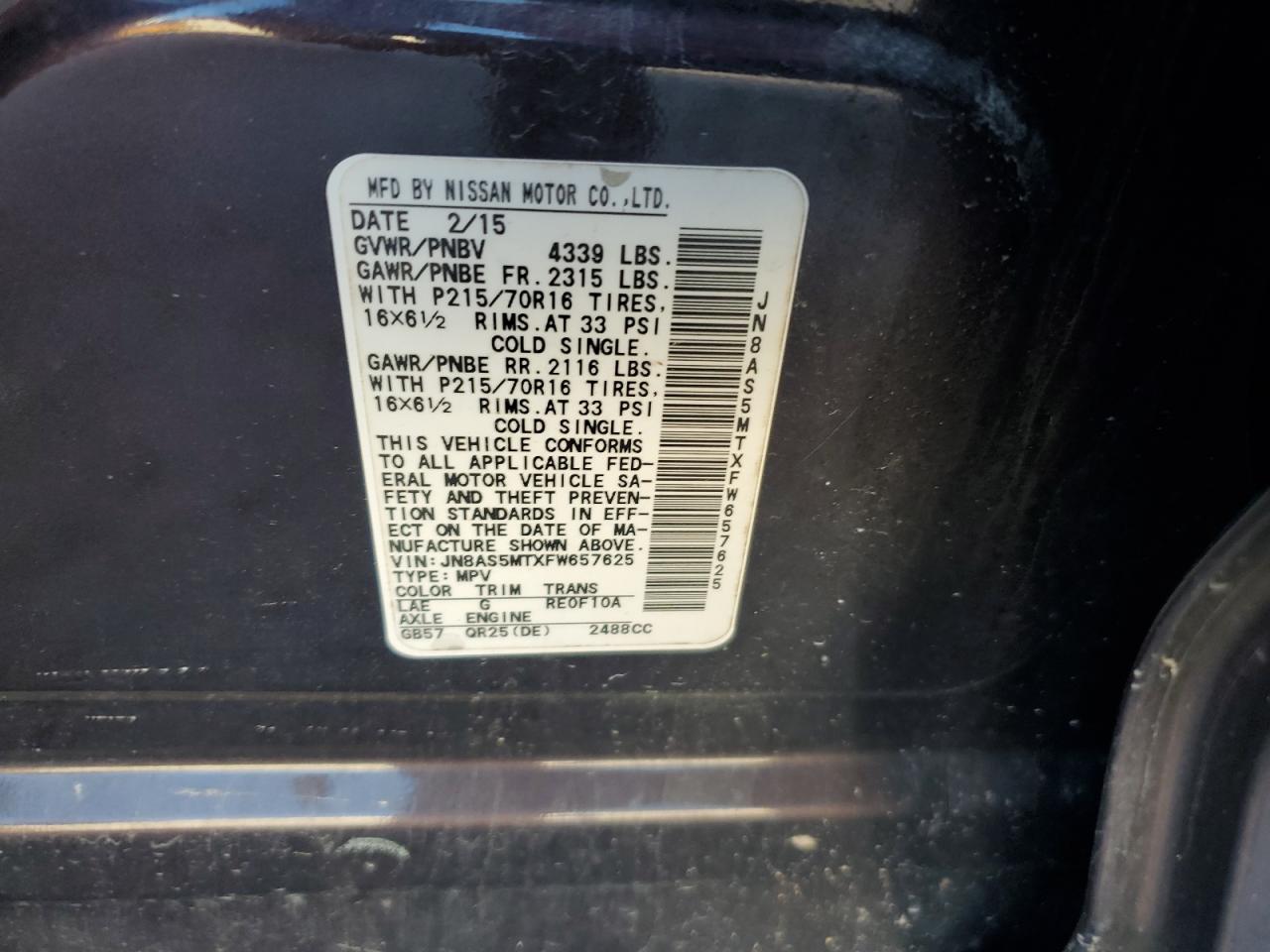 2015 Nissan Rogue Select S VIN: JN8AS5MTXFW657625 Lot: 84051235