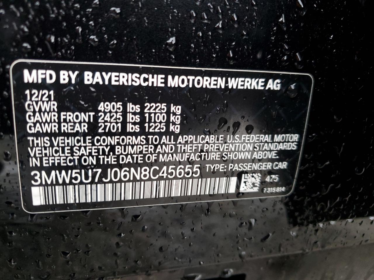 2022 BMW M340I VIN: 3MW5U7J06N8C45655 Lot: 81251035