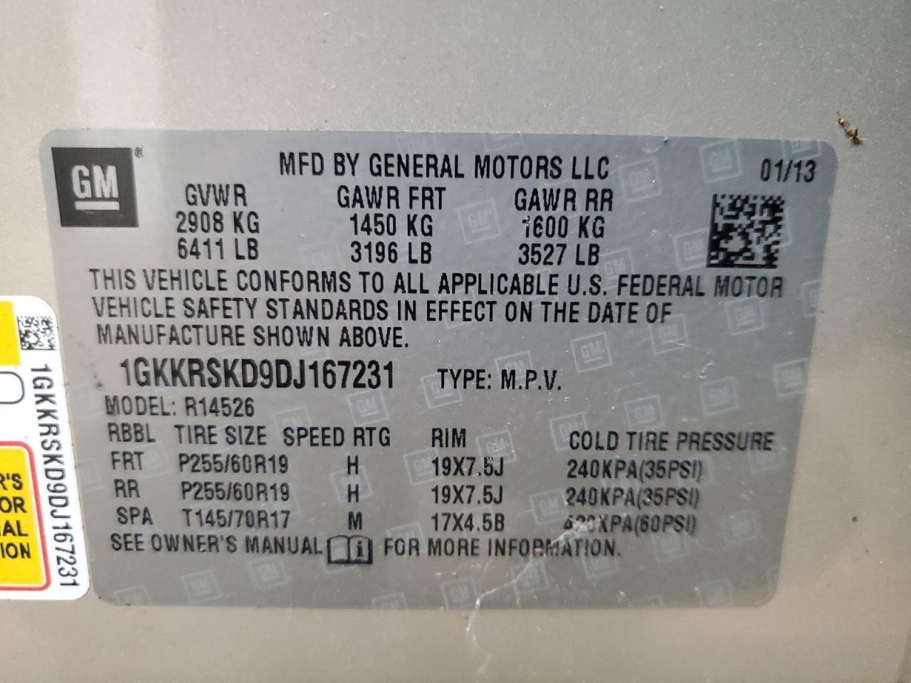 2013 GMC Acadia Slt-2 VIN: 1GKKRSKD9DJ167231 Lot: 71691445