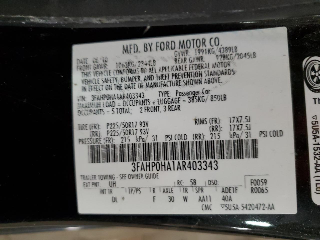 2010 Ford Fusion Se VIN: 3FAHP0HA1AR403343 Lot: 71830755
