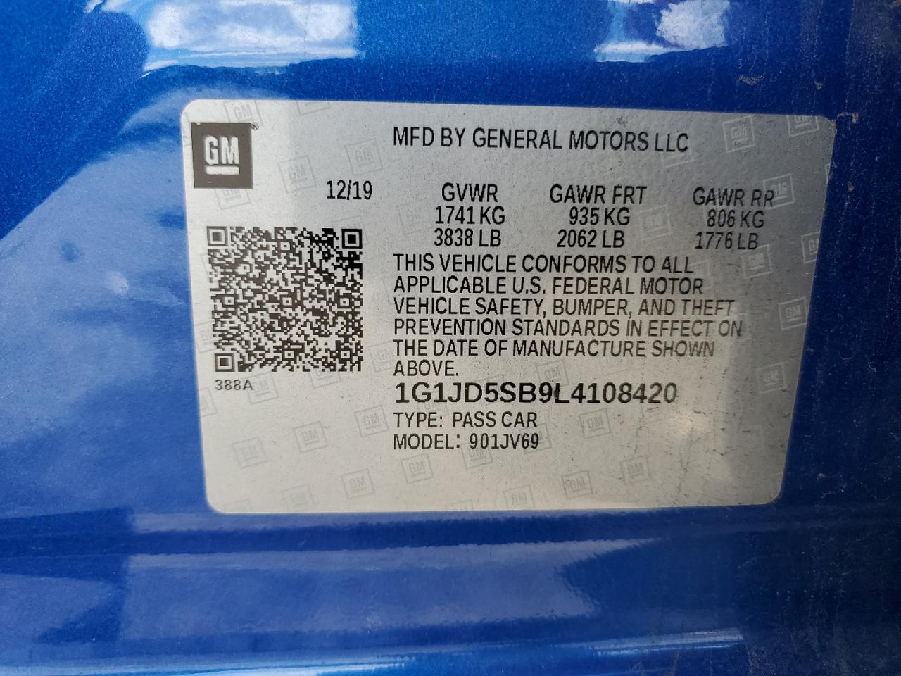 2020 Chevrolet Sonic Lt VIN: 1G1JD5SB9L4108420 Lot: 81809075