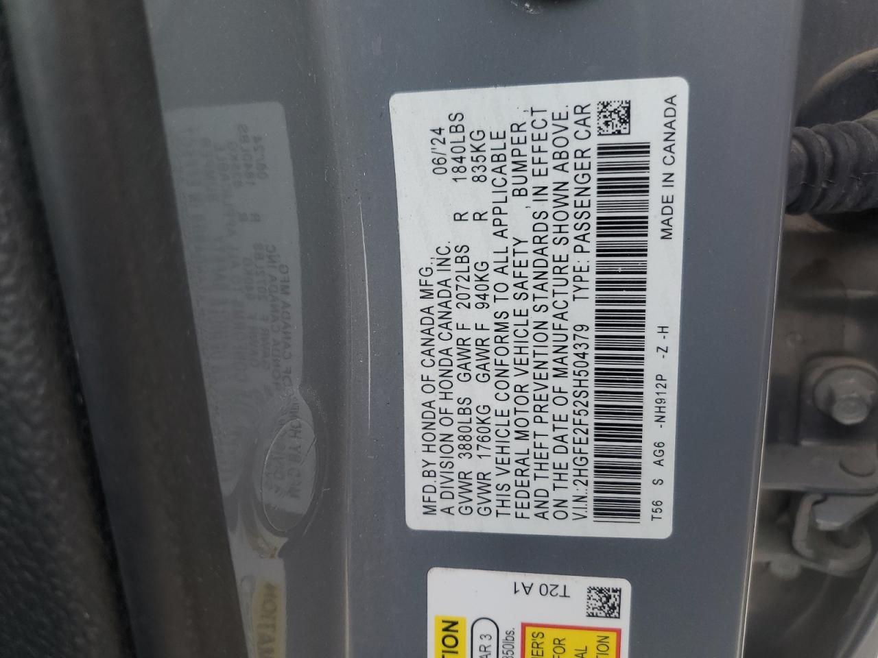 2025 Honda Civic Sport VIN: 2HGFE2F52SH504379 Lot: 72069615