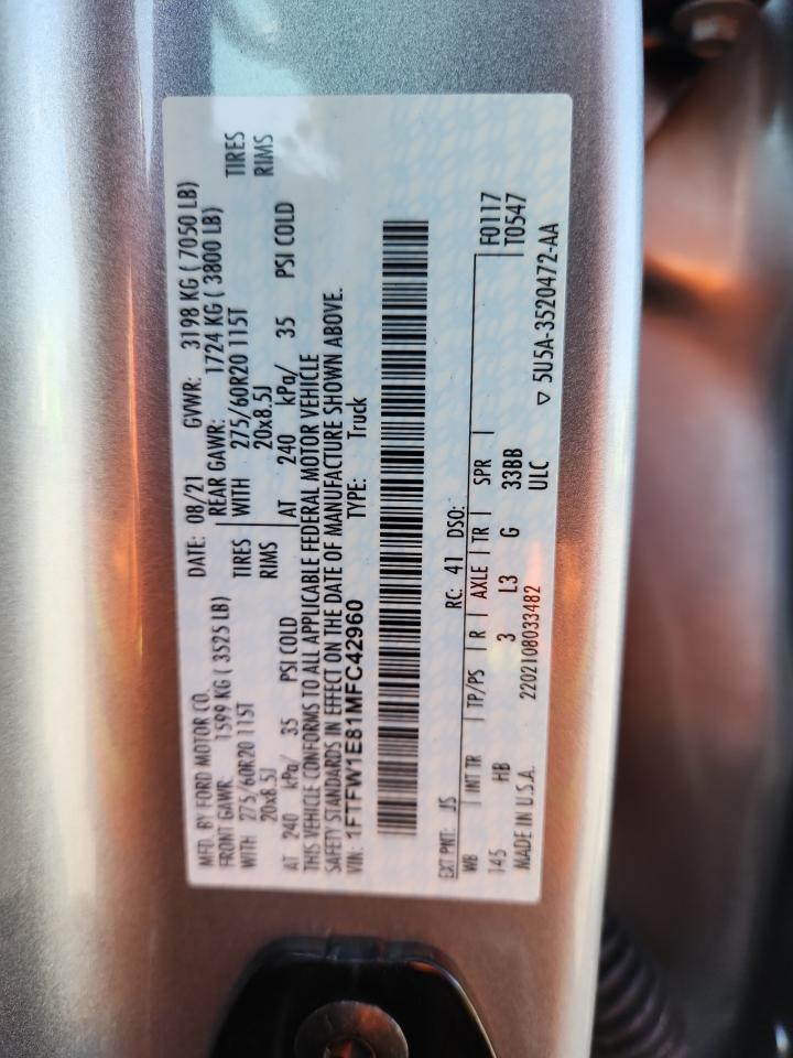 2021 Ford F150 Supercrew VIN: 1FTFW1E81MFC42960 Lot: 84360895