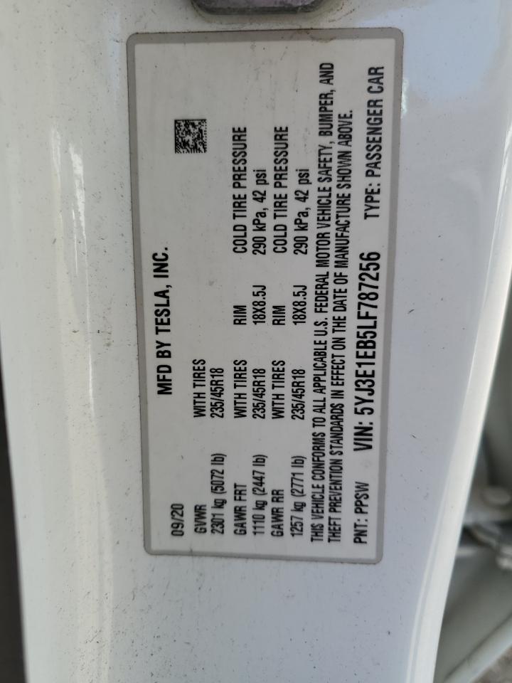 2020 Tesla Model 3 VIN: 5YJ3E1EB5LF787256 Lot: 80494835