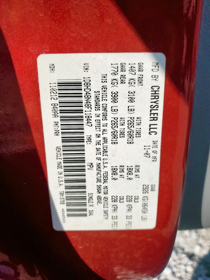 2008 Dodge Durango Slt VIN: 1D8HD48N48F118447 Lot: 71965915