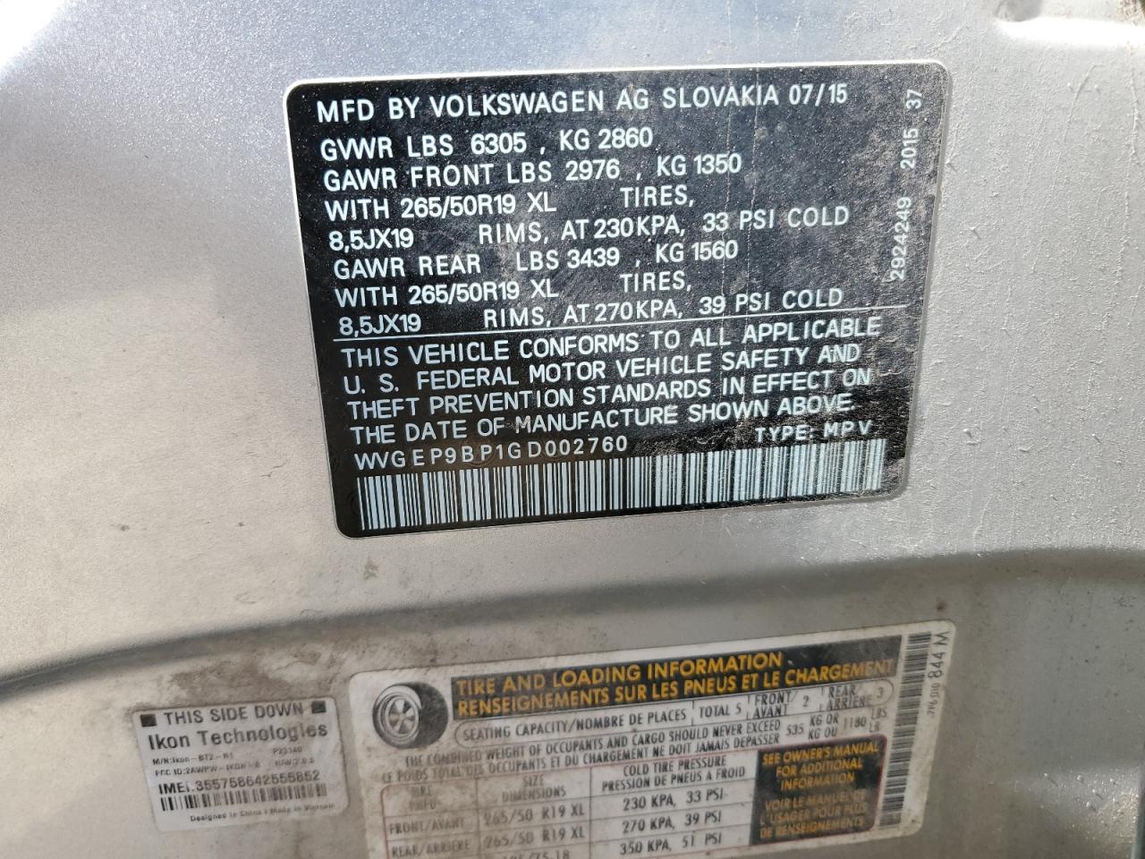 2016 Volkswagen Touareg Tdi VIN: WVGEP9BP1GD002760 Lot: 81315245