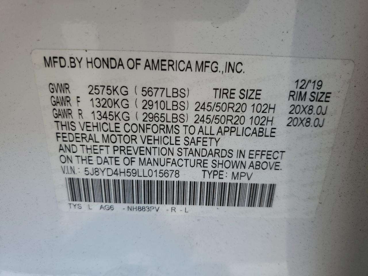 2020 Acura Mdx Technology VIN: 5J8YD4H59LL015678 Lot: 71805915
