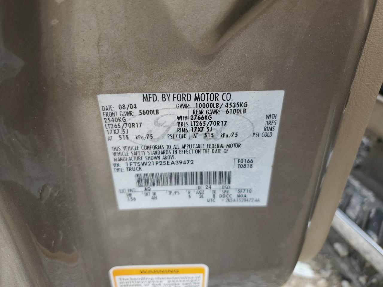 2005 Ford F250 Super Duty VIN: 1FTSW21P25EA39472 Lot: 80034155