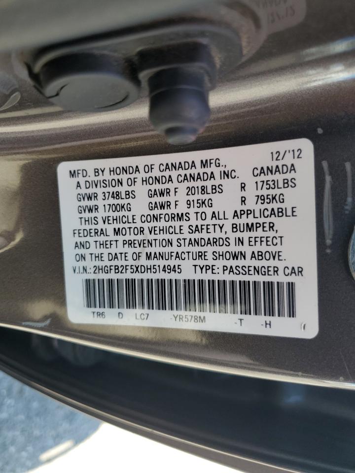 2013 Honda Civic Lx VIN: 2HGFB2F5XDH514945 Lot: 80963485