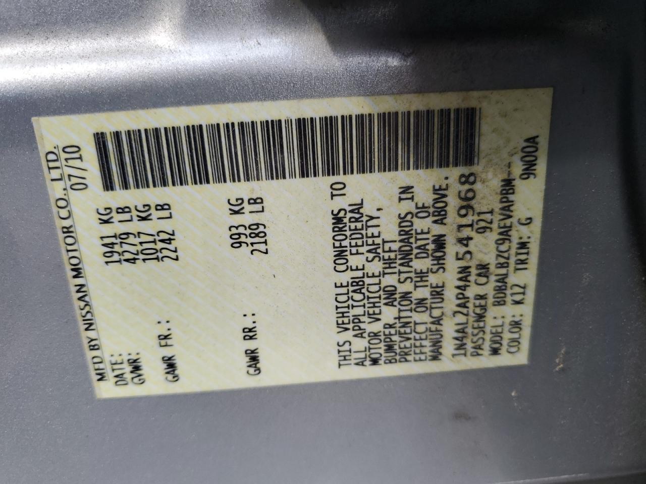 2010 Nissan Altima Base VIN: 1N4AL2AP4AN541968 Lot: 81199855