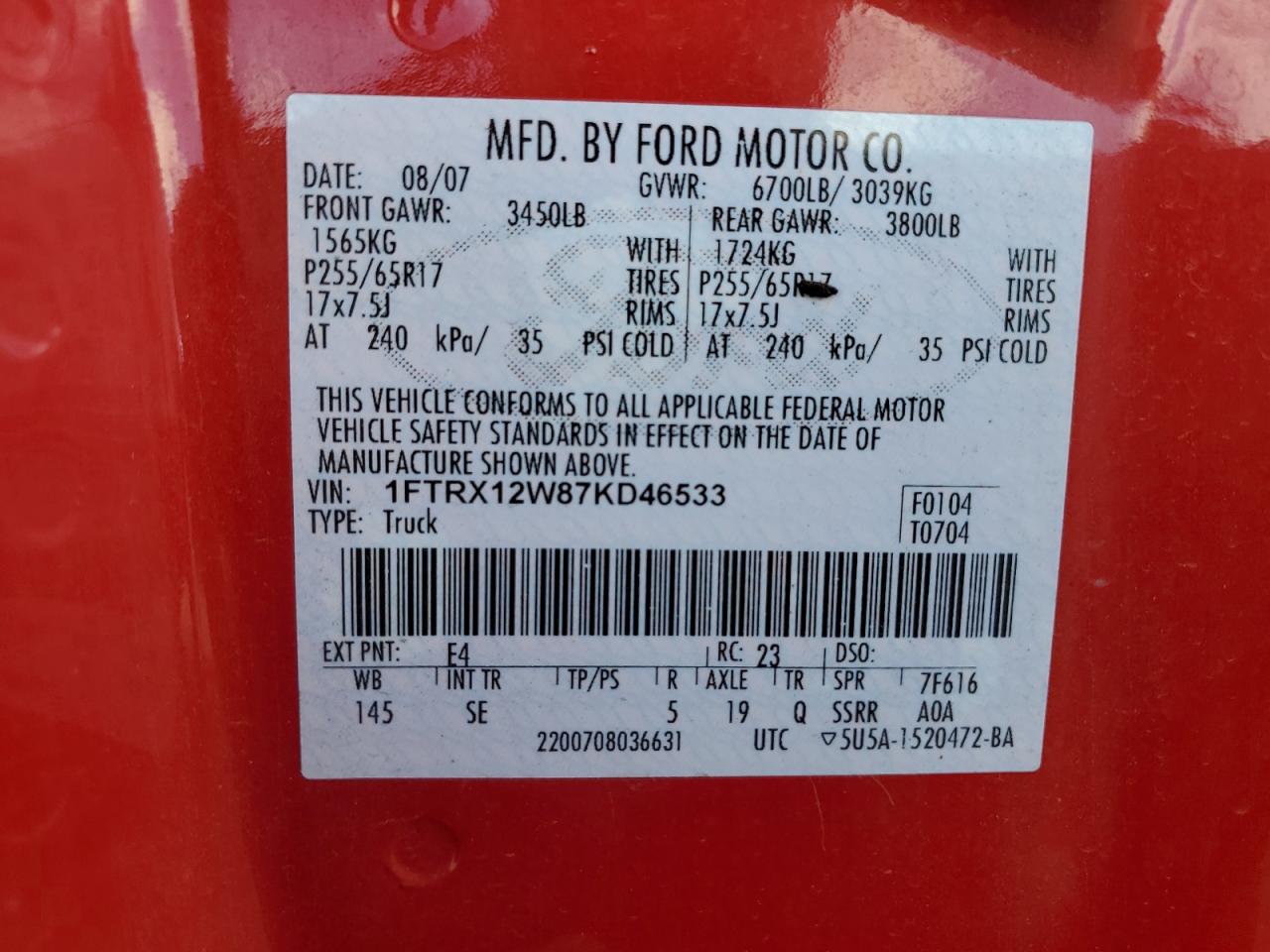 2007 Ford F150 VIN: 1FTRX12W87KD46533 Lot: 84247045