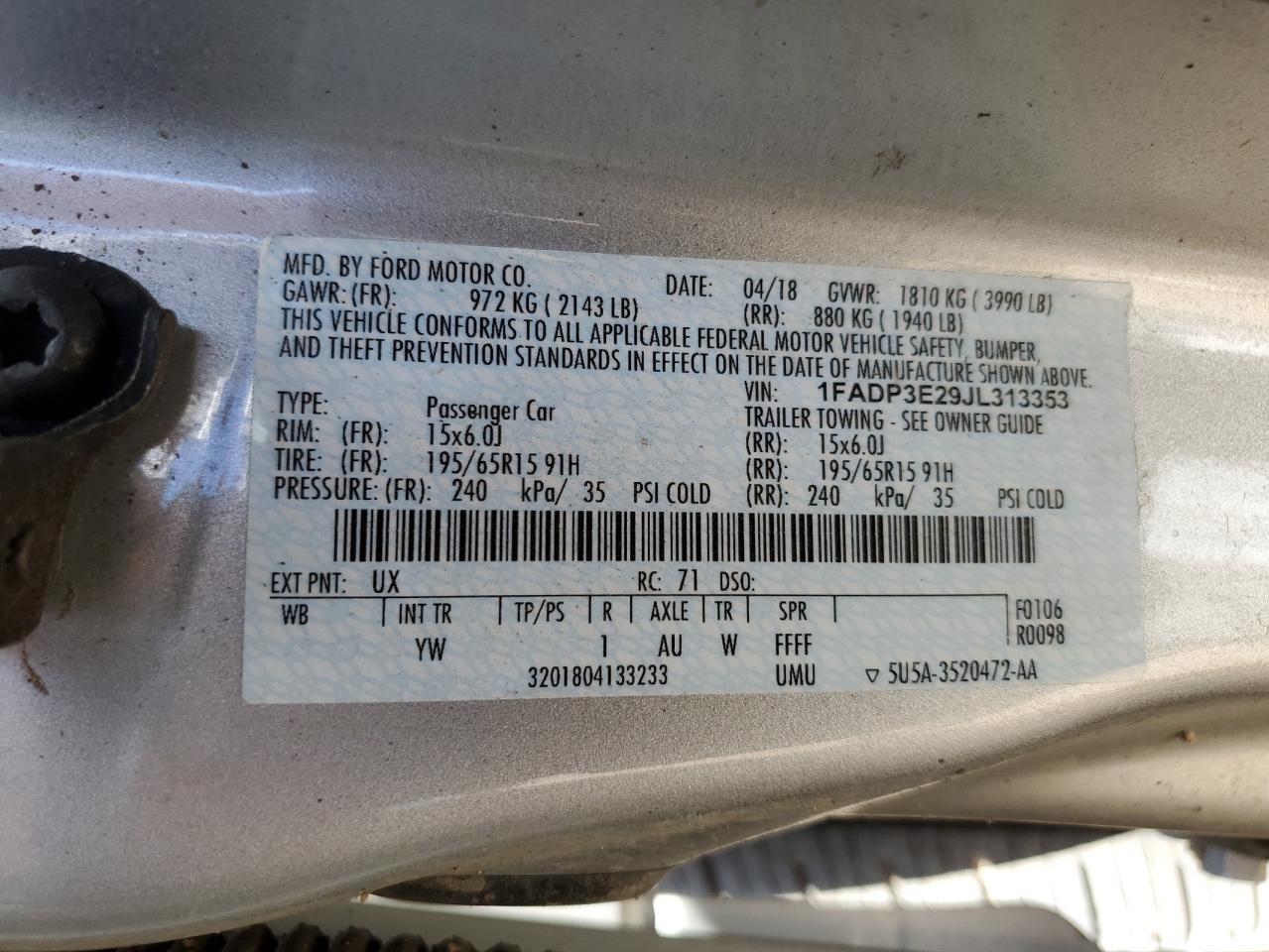 2018 Ford Focus S VIN: 1FADP3E29JL313353 Lot: 84274205