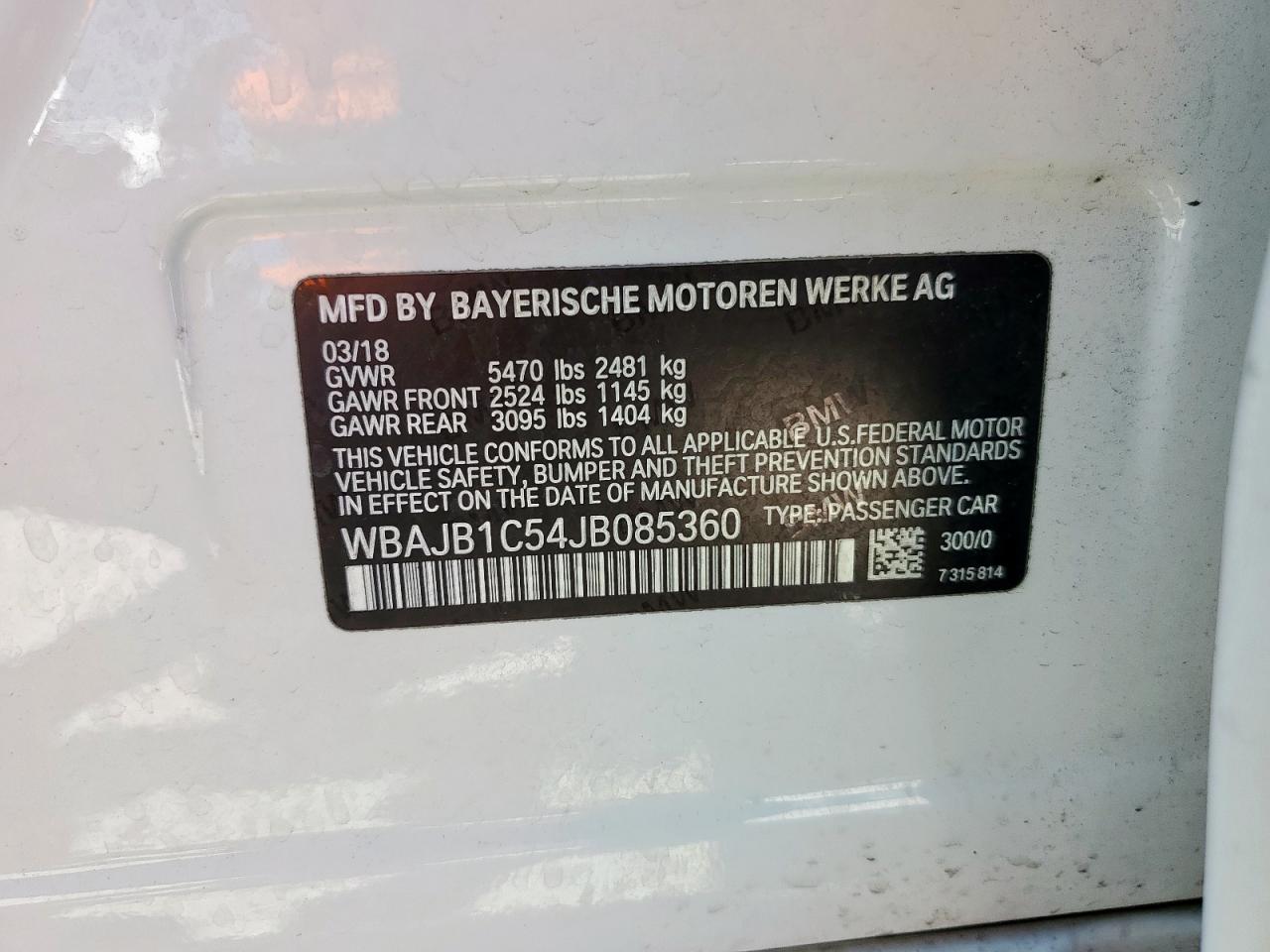 2018 BMW 530Xe VIN: WBAJB1C54JB085360 Lot: 71803085