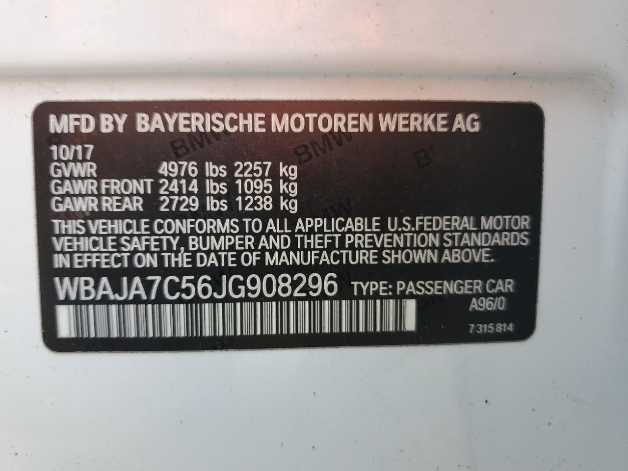 2018 BMW 530 Xi VIN: WBAJA7C56JG908296 Lot: 80210235