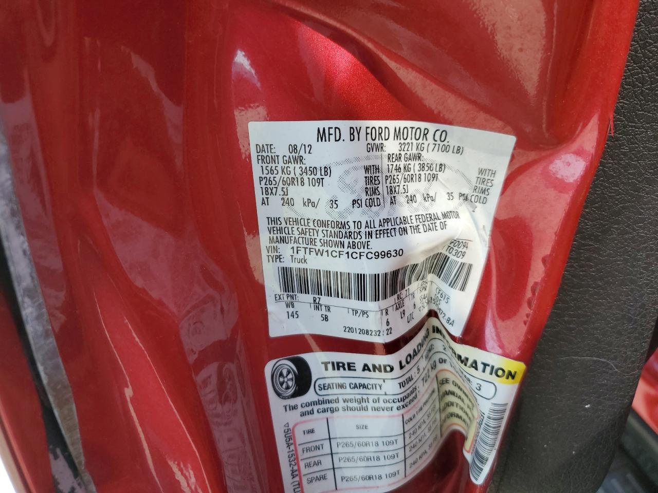 2012 Ford F150 Supercrew VIN: 1FTFW1CF1CFC99630 Lot: 71551165