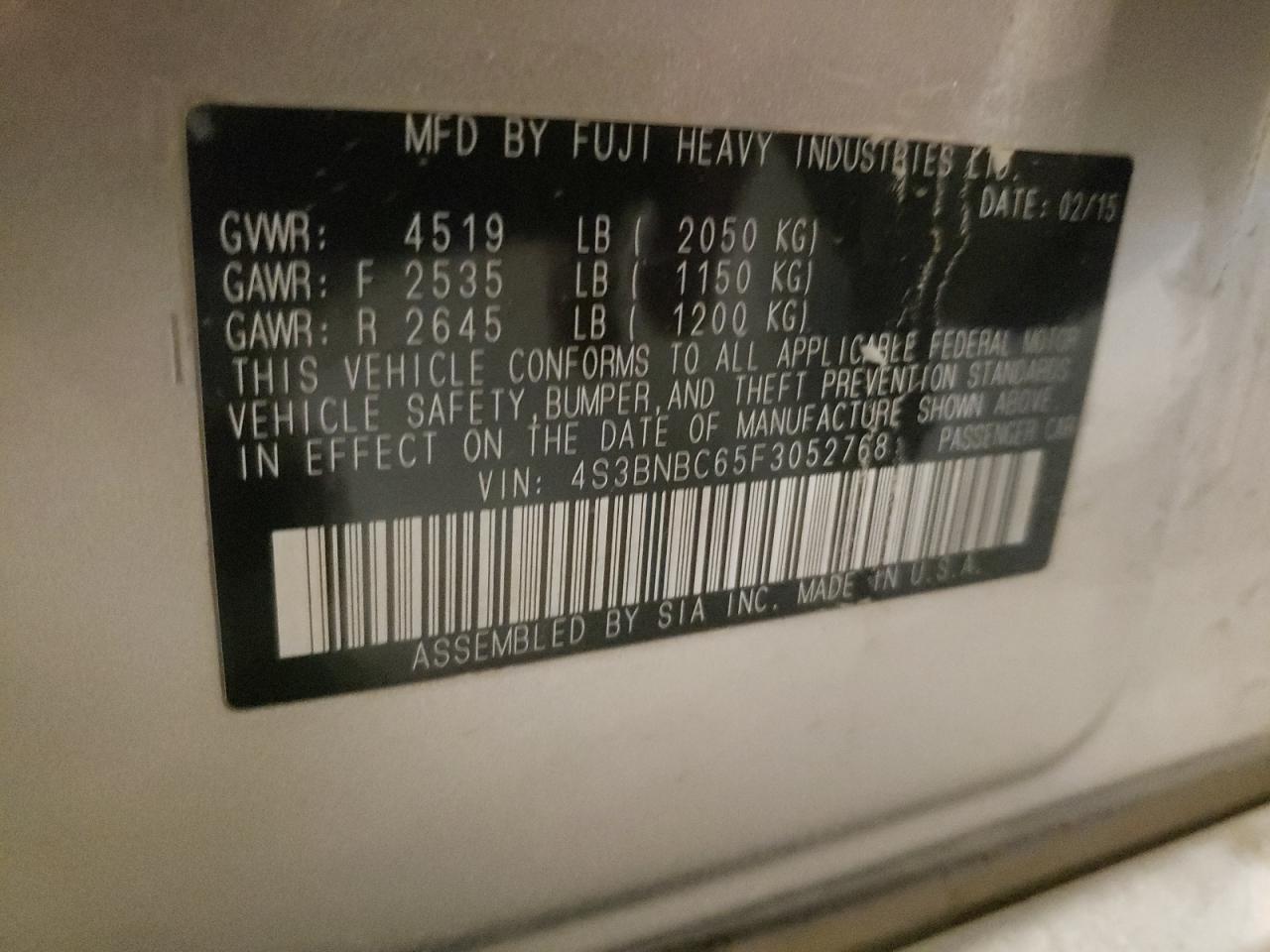 2015 Subaru Legacy 2.5I Premium VIN: 4S3BNBC65F3052768 Lot: 84193575