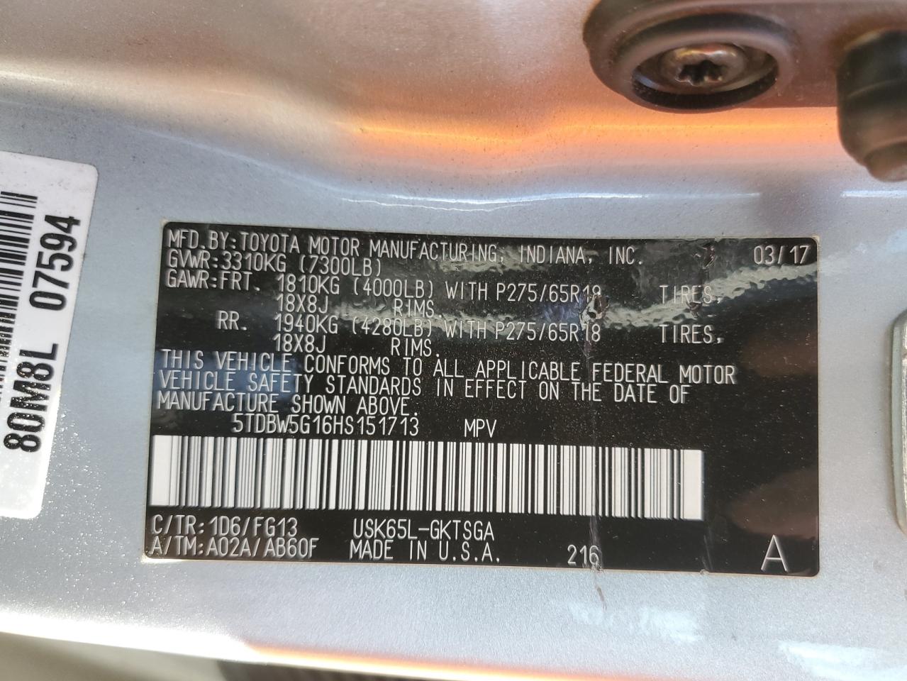 2017 Toyota Sequoia Sr5 VIN: 5TDBW5G16HS151713 Lot: 71127715