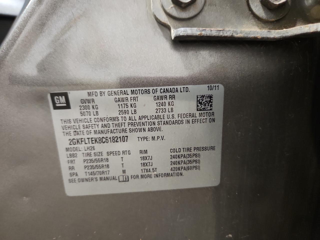 2012 GMC Terrain Sle VIN: 2GKFLTEK8C6182107 Lot: 80576225