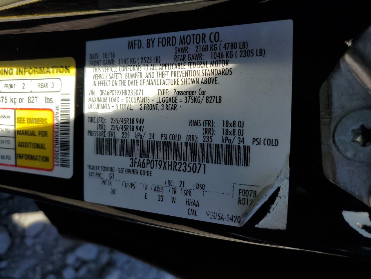 2017 Ford Fusion Se VIN: 3FA6P0T9XHR235071 Lot: 81148045