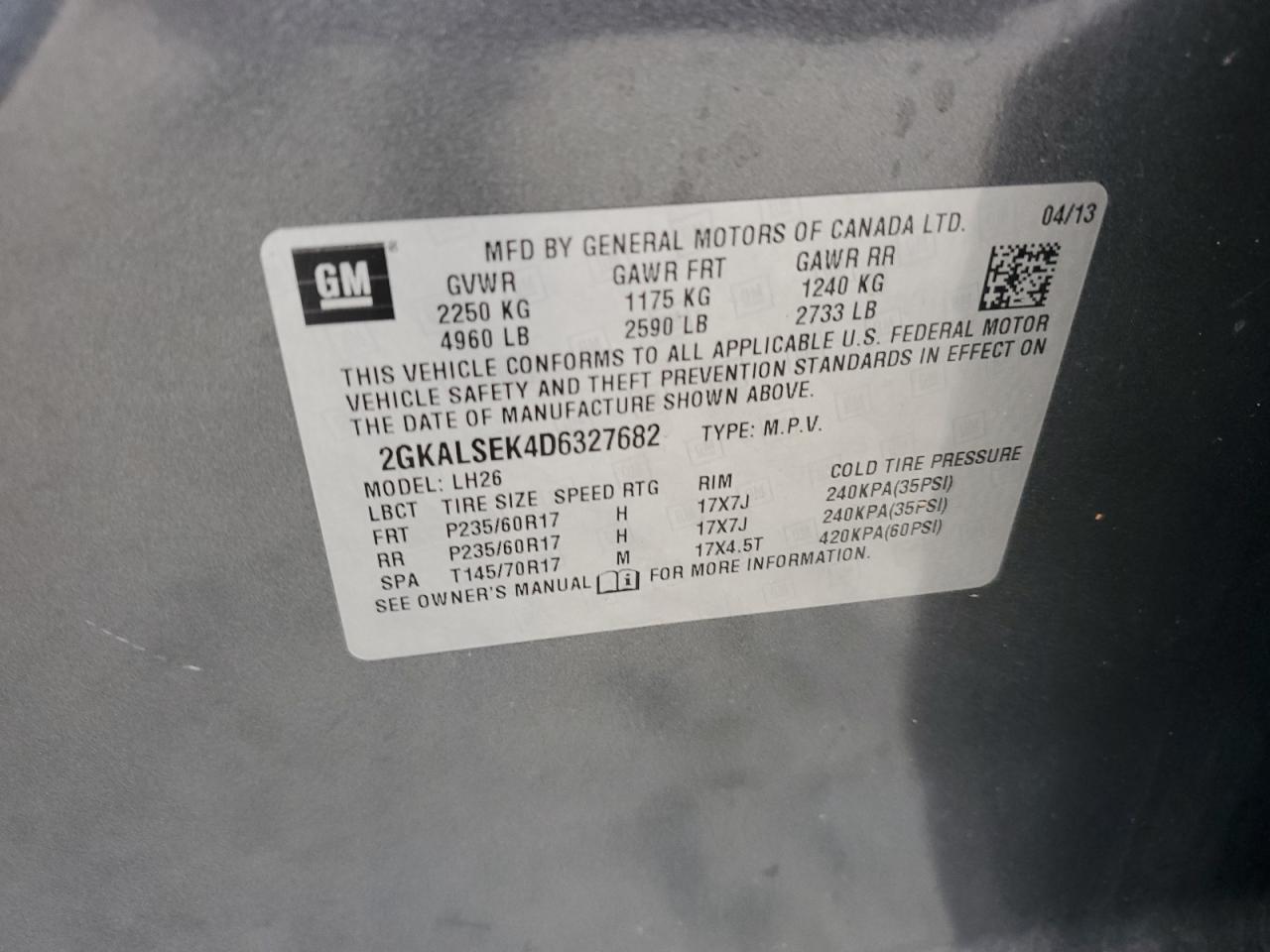 2013 GMC Terrain Sle VIN: 2GKALSEK4D6327682 Lot: 84228895