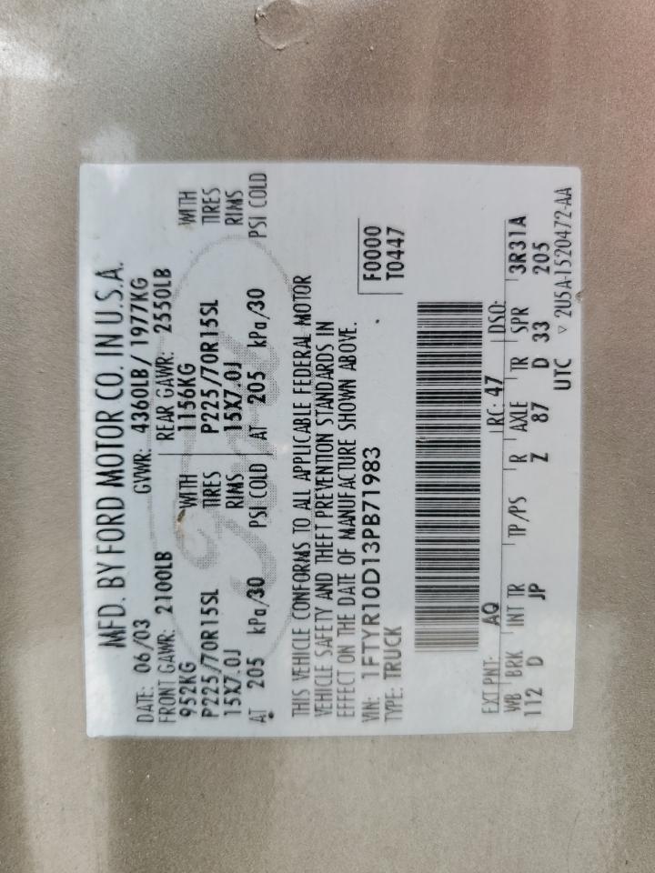 2003 Ford Ranger VIN: 1FTYR10D13PB71983 Lot: 82088645