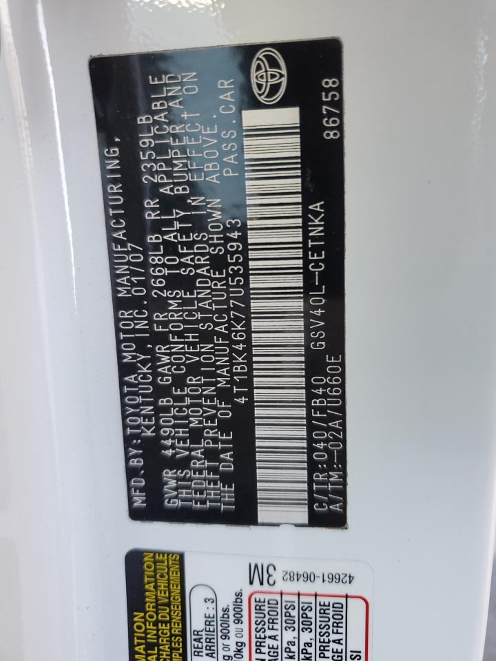 2007 Toyota Camry Le VIN: 4T1BK46K77U535943 Lot: 84710565